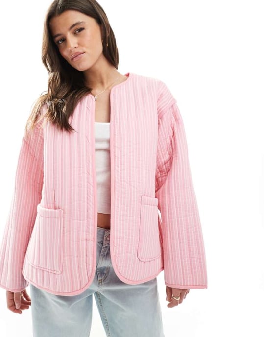 ASOS DESIGN quiltad randig jacka i rosa - Image 1