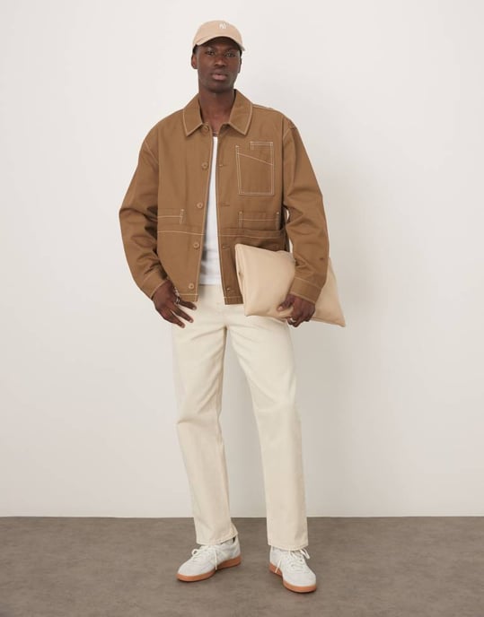 ASOS DESIGN boxig oversized arbetarskjorta med kontrastsöm i tan - Image 4