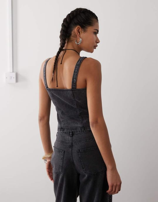 Noisy May denim korsettopp med rhinstenar i svart - Image 4