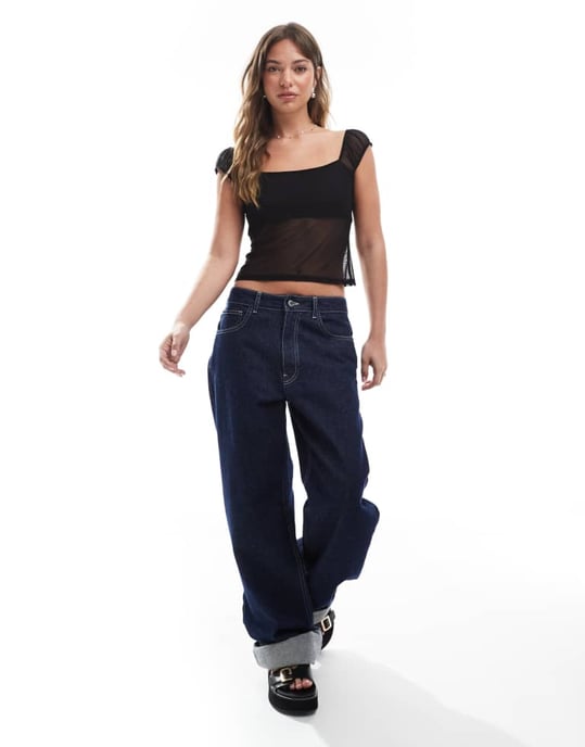 Miss Selfridge fyrkantig halsringning fodrad nät topp i svart - Image 3