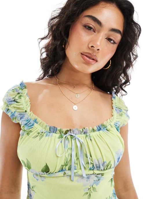 Miss Selfridge spets picot blommig mesh korsett topp i gul - Image 2
