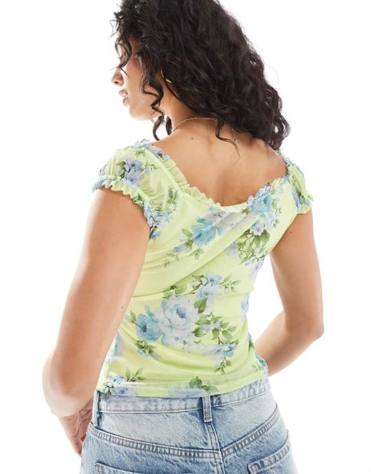 Miss Selfridge spets picot blommig mesh korsett topp i gul - Image 3