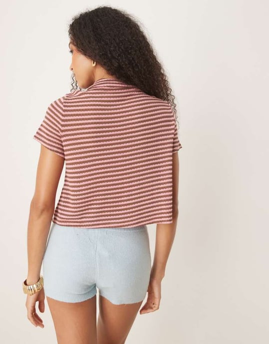 ASOS DESIGN stickad kortärmad cardigan i rosa och brun randig - Image 2