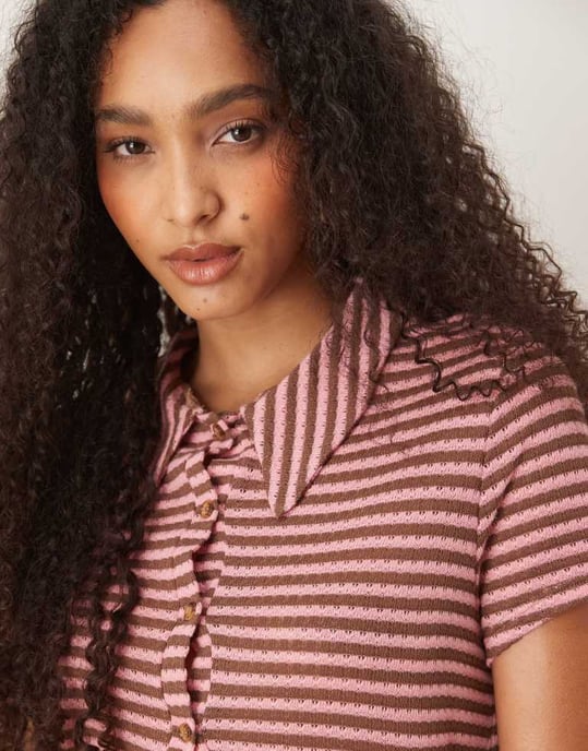 ASOS DESIGN stickad kortärmad cardigan i rosa och brun randig - Image 3