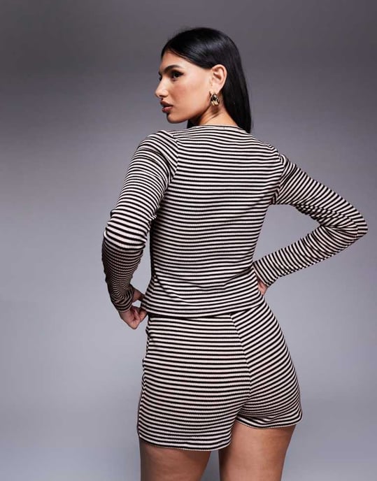 ASOS DESIGN co-ord stripe crew neck cardigan in black and white - Image 3