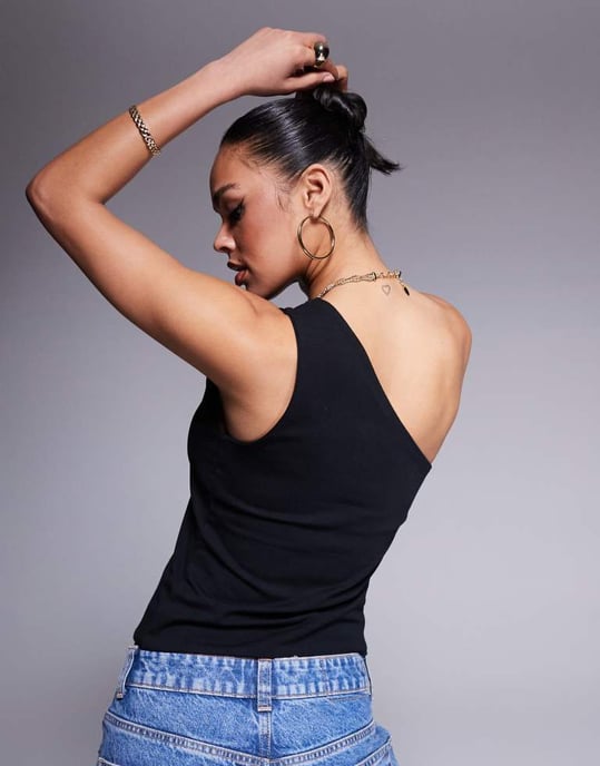 ASOS DESIGN double layer one shoulder top with strap detail in black - Image 3