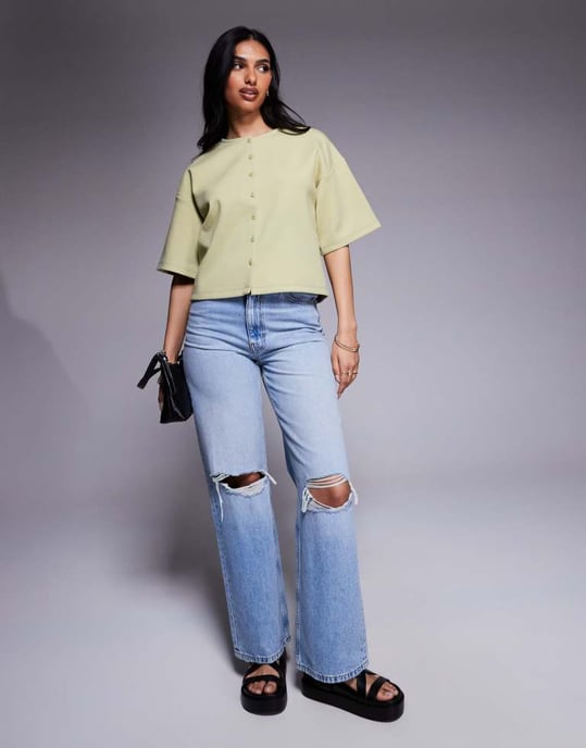 ASOS DESIGN interlock boxig skjorta med knapplist i salviagrön - Image 4