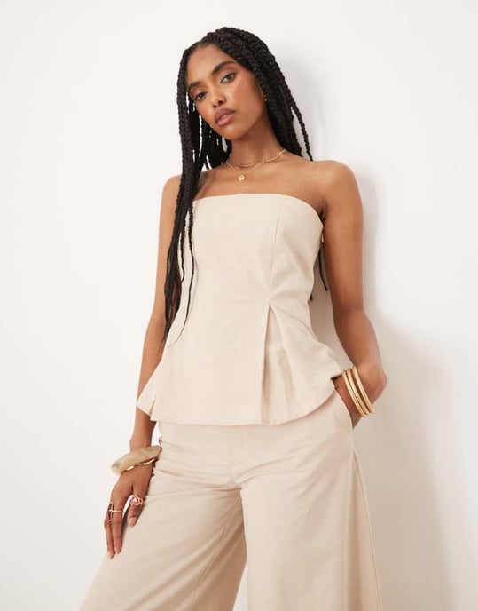 ASOS DESIGN linen blend cinch waist bandeau top in beige - Image 1