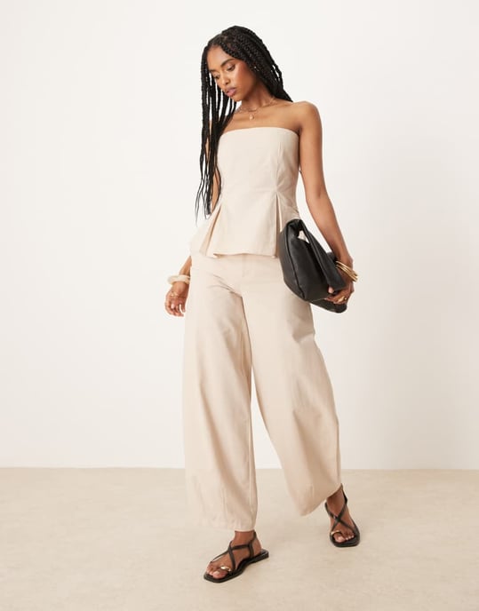 ASOS DESIGN linen blend cinch waist bandeau top in beige - Image 2