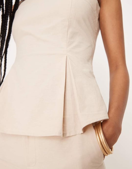ASOS DESIGN linen blend cinch waist bandeau top in beige - Image 3