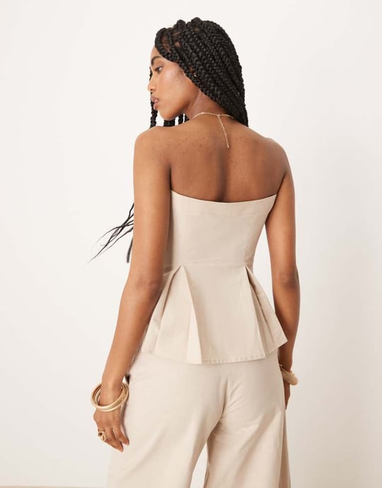 ASOS DESIGN linen blend cinch waist bandeau top in beige - Image 4