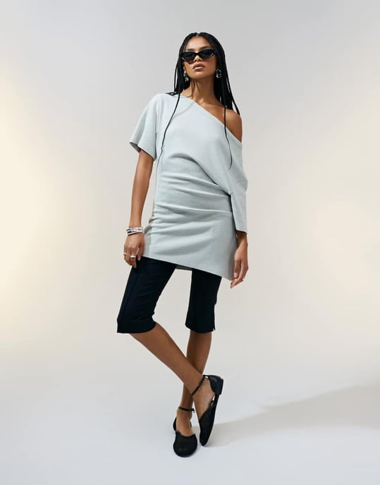 ASOS DESIGN off shoulder cinched waist waffle t-shirt in washed sage - Image 2