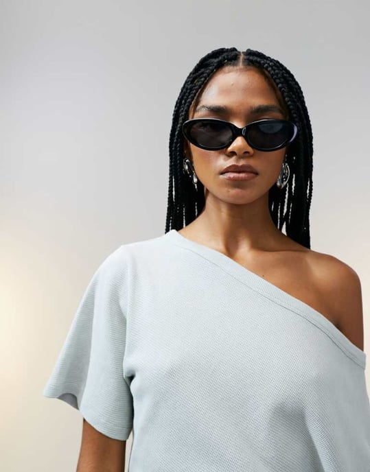 ASOS DESIGN off shoulder cinched waist waffle t-shirt in washed sage - Image 3