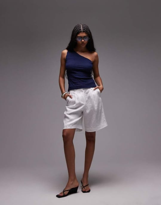 Topshop crinkle one shoulder top in navy - Image 4