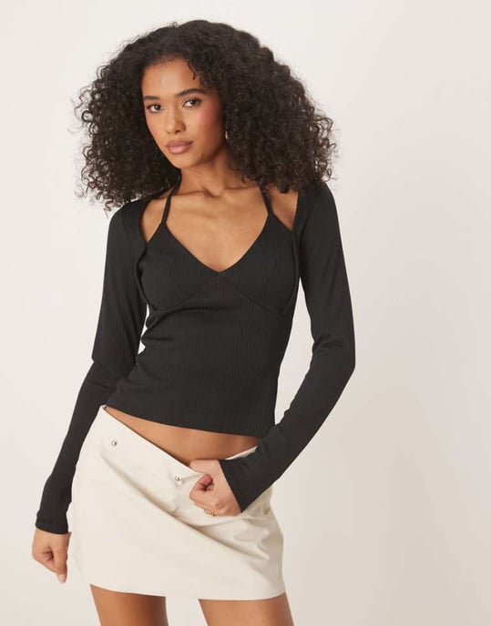 ASOS DESIGN rib halter neck long sleeve top in black - Image 1