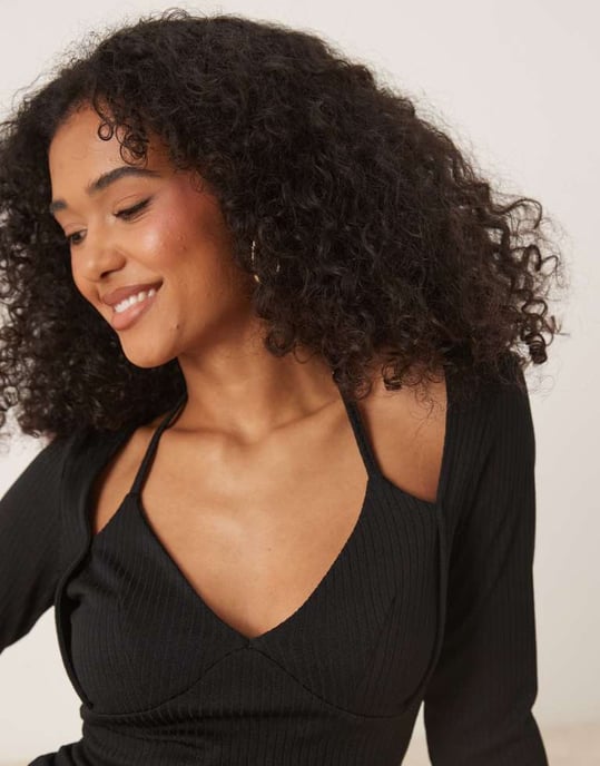 ASOS DESIGN rib halter neck long sleeve top in black - Image 2