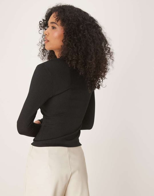 ASOS DESIGN rib halter neck long sleeve top in black - Image 3