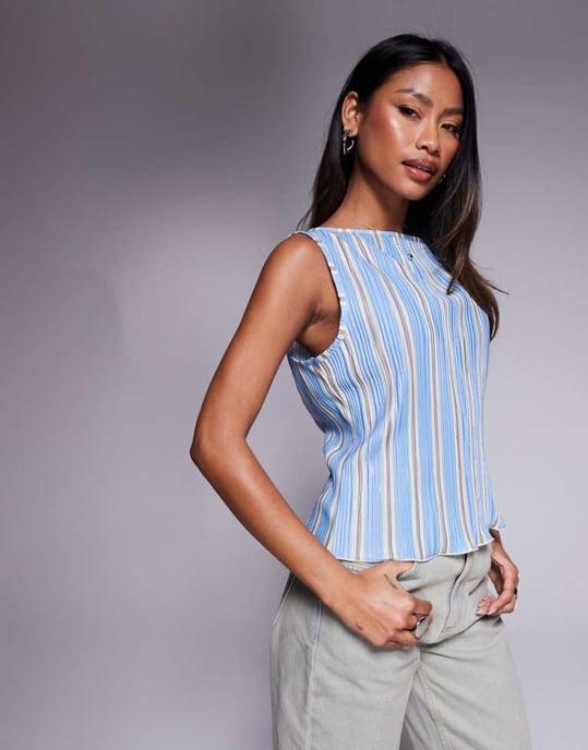 ASOS DESIGN printed stripe plisse ruched side sleeveless top in multi - Image 1