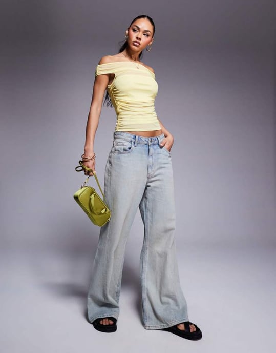 ASOS DESIGN gathered short sleeve off shoulder mesh top in buttermilk yellow - YELLOW - Image 2