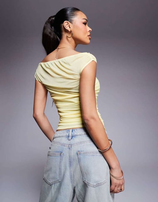 ASOS DESIGN gathered short sleeve off shoulder mesh top in buttermilk yellow - YELLOW - Image 4