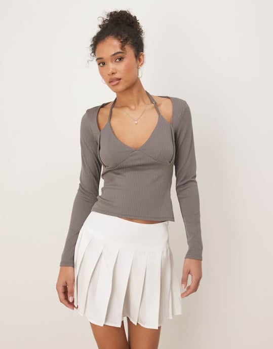 ASOS DESIGN rib halter neck long sleeve top in grey - Image 1