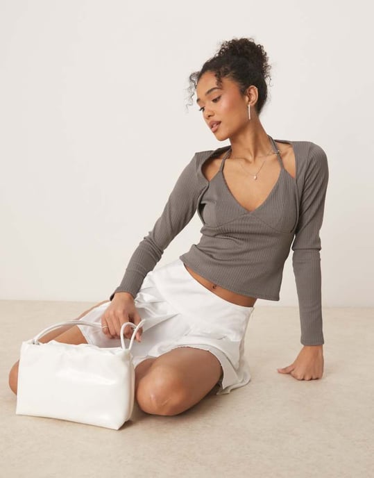 ASOS DESIGN rib halter neck long sleeve top in grey - Image 2