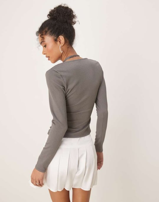 ASOS DESIGN rib halter neck long sleeve top in grey - Image 3