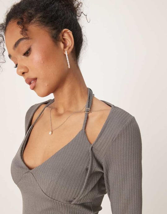 ASOS DESIGN rib halter neck long sleeve top in grey - Image 4