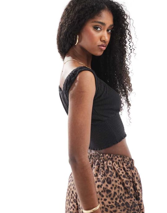 Cotton On shirred short sleeve top in black - Image 4