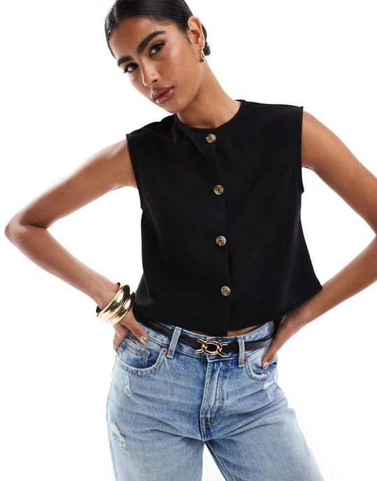 ASOS DESIGN ribbed wide shoulder boxy cropped waistcoat in black - Image 1