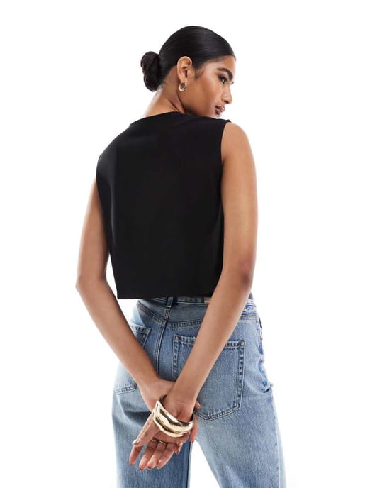 ASOS DESIGN ribbed wide shoulder boxy cropped waistcoat in black - Image 2