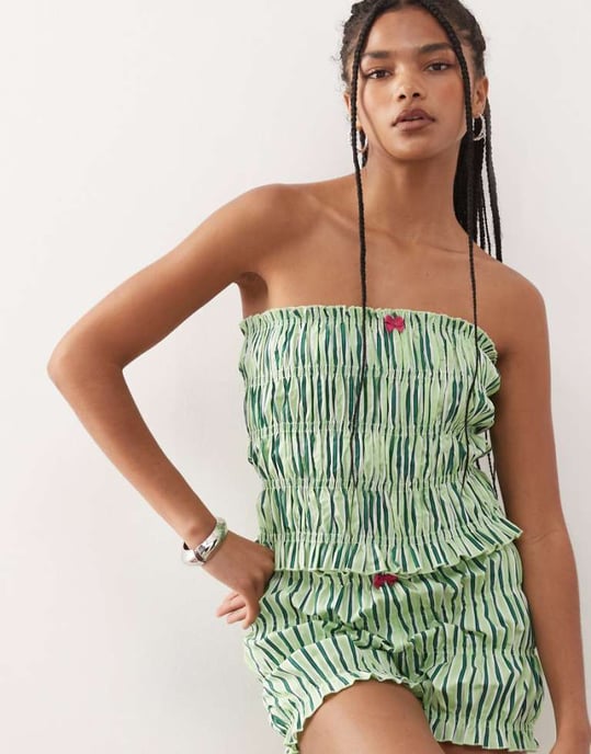 COLLUSION shirred bandeau top co-ord in green stripe - Image 1