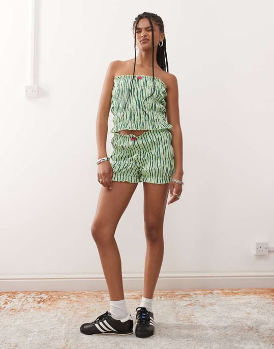 COLLUSION shirred bandeau top co-ord in green stripe - Image 2