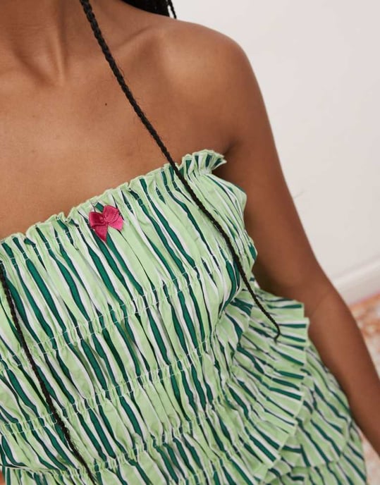 COLLUSION shirred bandeau top co-ord in green stripe - Image 4