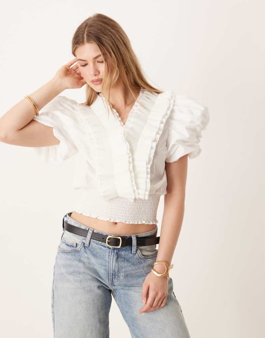 YAS puff sleeve pleated ruffle detail poplin top in white - Image 1