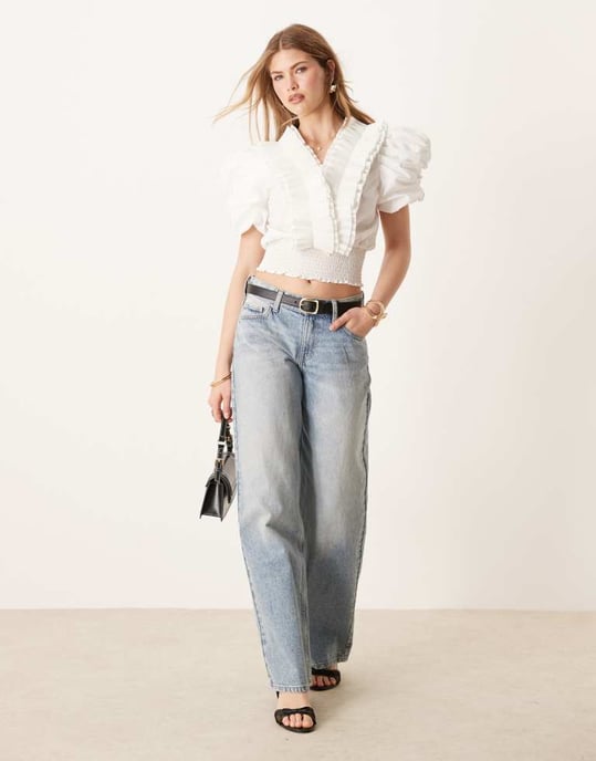 YAS puff sleeve pleated ruffle detail poplin top in white - Image 3