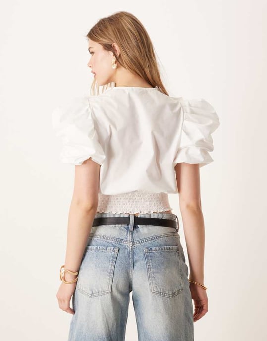 YAS puff sleeve pleated ruffle detail poplin top in white - Image 4