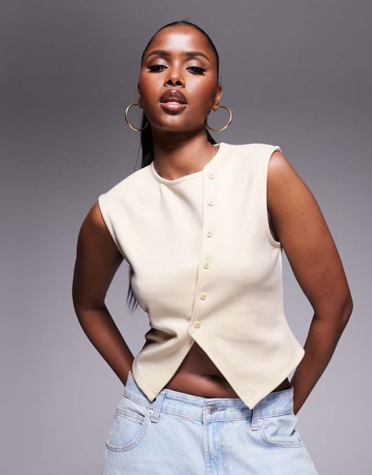 ASOS DESIGN heavyweight ponte asymmetric button through waistcoat in stone - Image 1