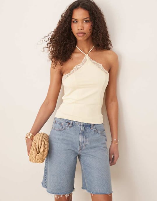 ASOS DESIGN slinky lace trim halter top in pale yellow - Image 1