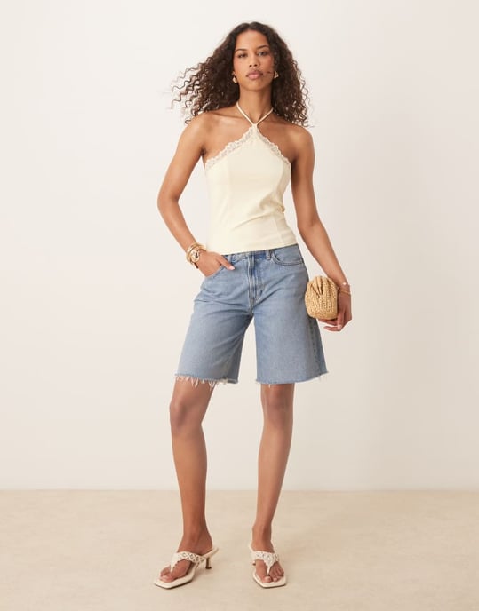ASOS DESIGN slinky lace trim halter top in pale yellow - Image 2
