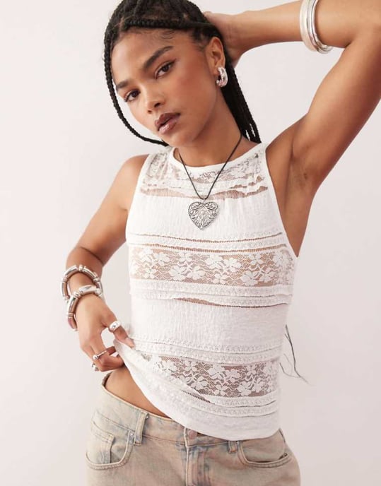 COLLUSION lace high neck sleeveless top in cream - Image 1