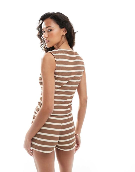 ASOS DESIGN stripe button through sleeveless top co ord in brown - Image 4