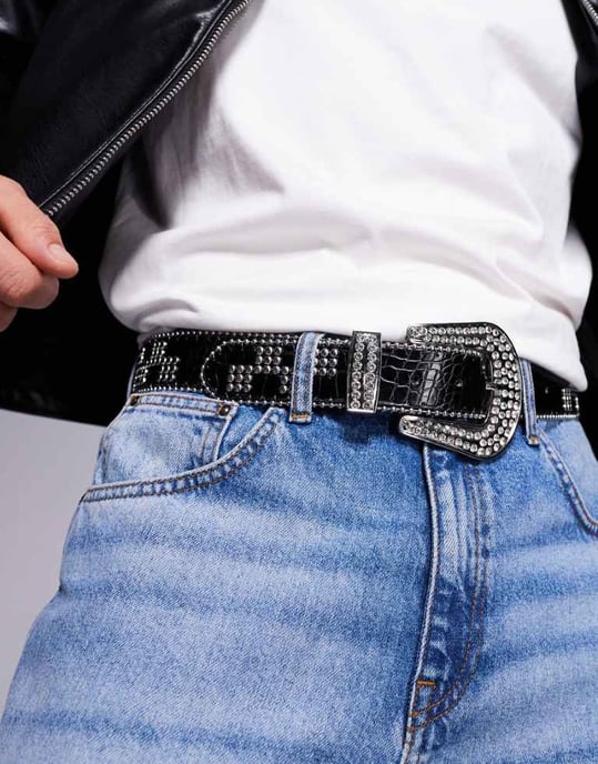 ASOS DESIGN western cowboy checkerboard studded belt in black croc faux leather - Image 1