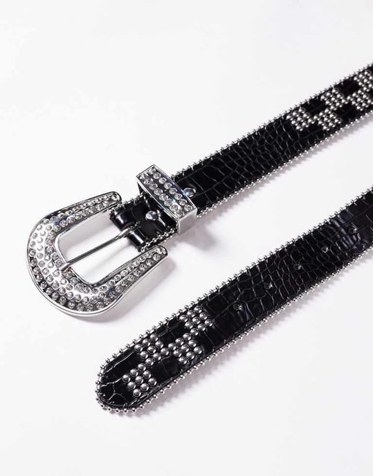 ASOS DESIGN western cowboy checkerboard studded belt in black croc faux leather - Image 2