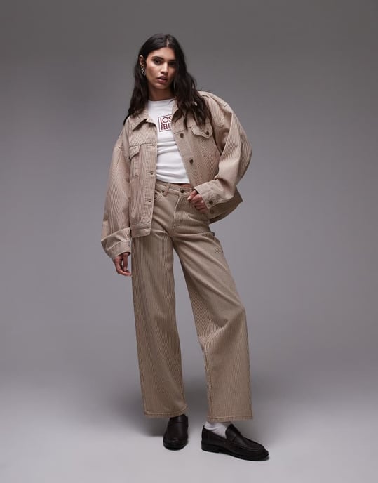 Topshop ballongjeansjacka i bruna ränder - Image 3