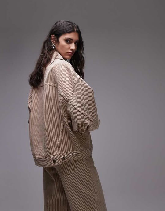 Topshop ballongjeansjacka i bruna ränder - Image 4