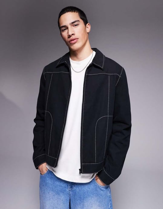 ASOS DESIGN tvättad bomull harrington-jacka i svart - Image 1