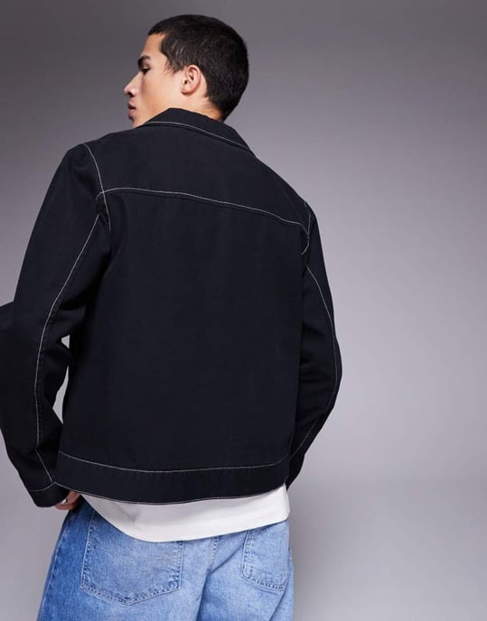 ASOS DESIGN tvättad bomull harrington-jacka i svart - Image 3
