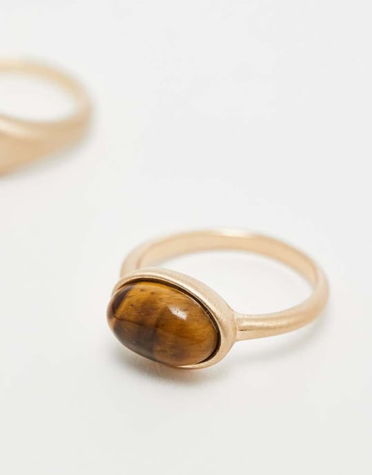 ASOS DESIGN pack of 2 stone set rings with real tigers eye in brushed gold tone - Image 3