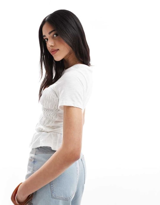 Miss Selfridge shirred detail tee in white - Image 3